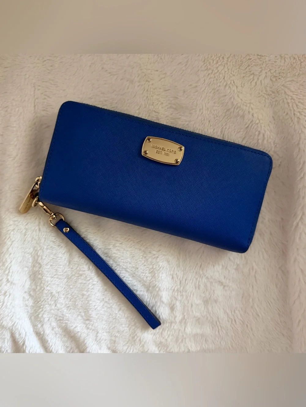 Michael Kors Saffiano Zip Wristlet in Cobalt Blue with Gold Hardware